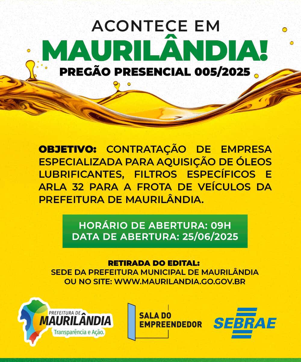 Maurilândia realiza pregão presencial para compra de óleos, filtros e Arla 32 no dia 25 de junho